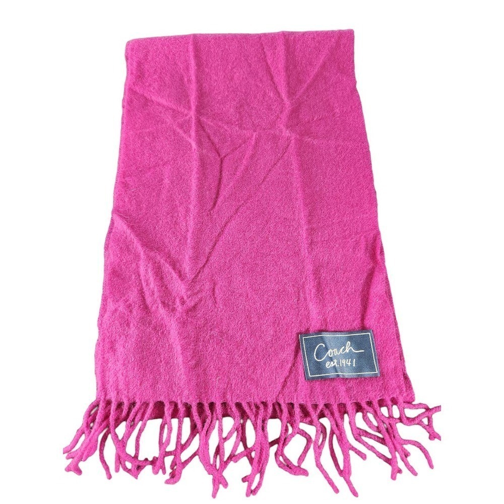 Coach Scarf Women OS Magenta Pink Wool Cashmere Blend Tassel Fringe Logo Patch